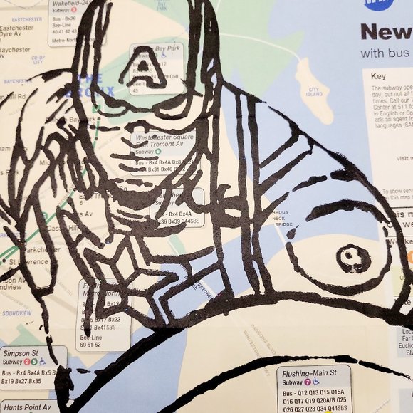 Handpainted Marvel Captain America Art on NYC Subway Map Rare Original Artwork - Picture 10 of 11
